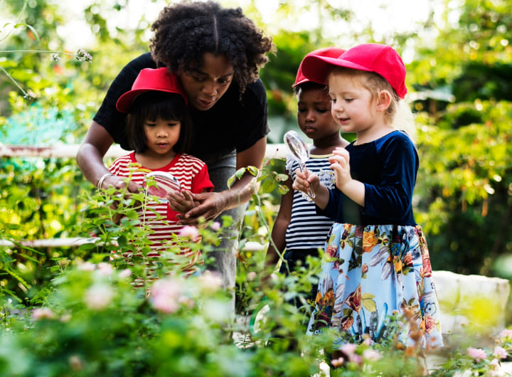 A group of children look at plants with an adult